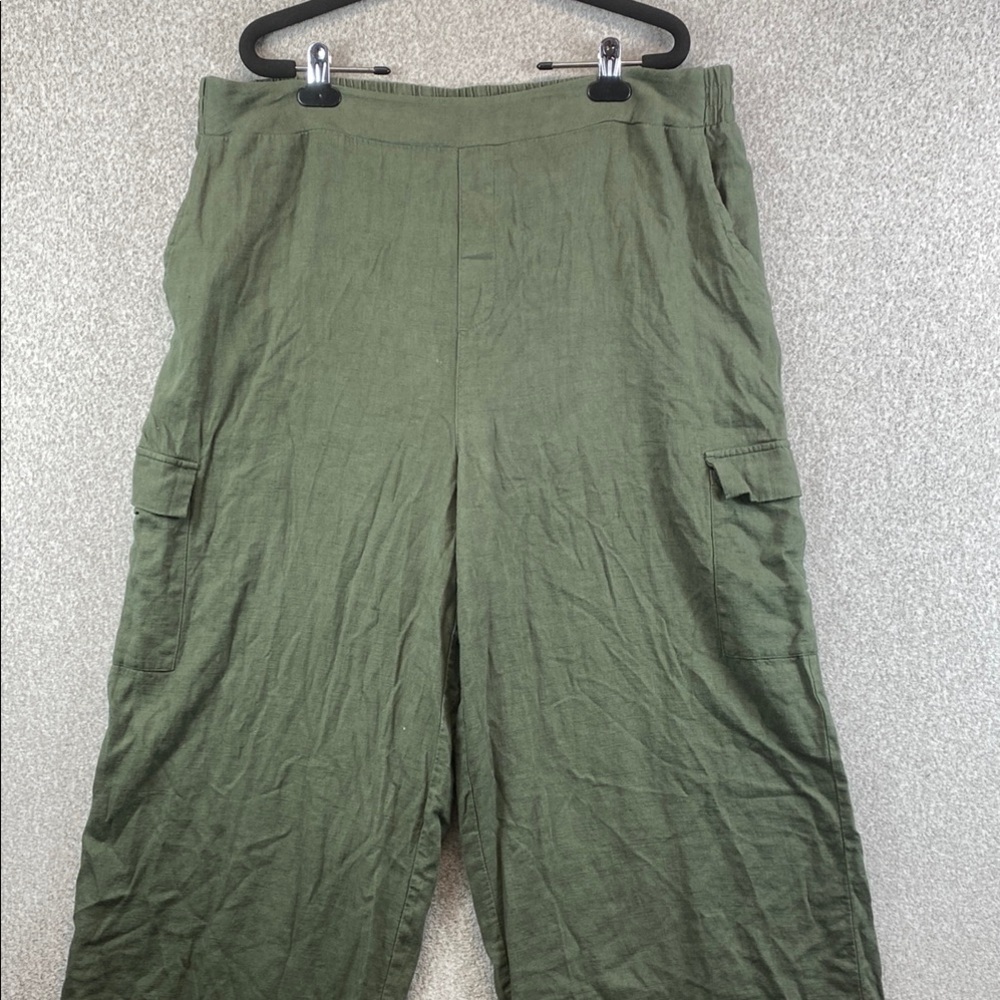 Jessica Simpson wide leg pull on cargo trouser pants XL olive green linen blend